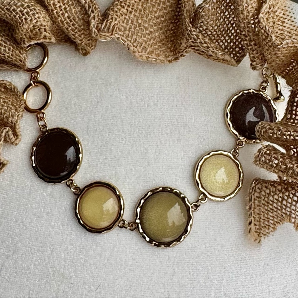 Gold Tone Disc Toggle Bracelet Adjustable 7” 8” Mocha Taupe Cabochon Link